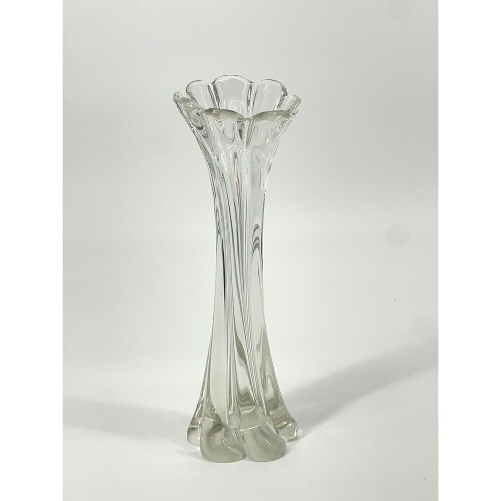 Vintage Clear Glass Swung Stretch Twist Vase Ruffle Top 11.5” Mid Century MCM